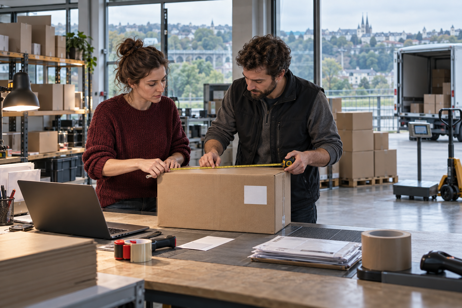 Versandexpertin und Unternehmer vermessen ein Paket in einem Luxemburger Logistikatelier
